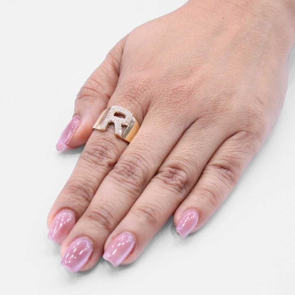 Anillo de Oro 14k con Letra R Incrustada con Zirconias mod. 8365