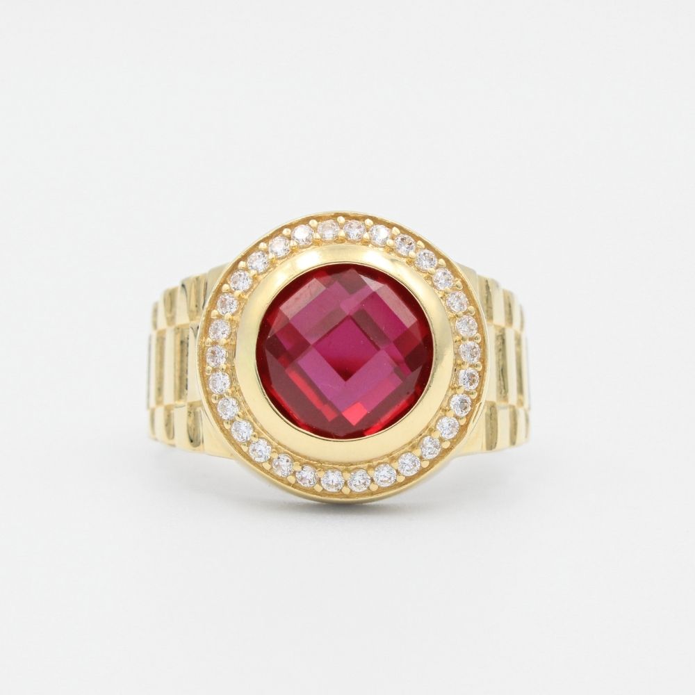 Anillo de Oro 14k con Zirconia Color Rojo Rubí de Corte Fino en Bisel de Zirconias y Cuerpo Especial mod. 9461