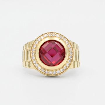 Anillo de Oro 14k con Zirconia Color Rojo Rubí de Corte Fino en Bisel de Zirconias y Cuerpo Especial mod. 9461