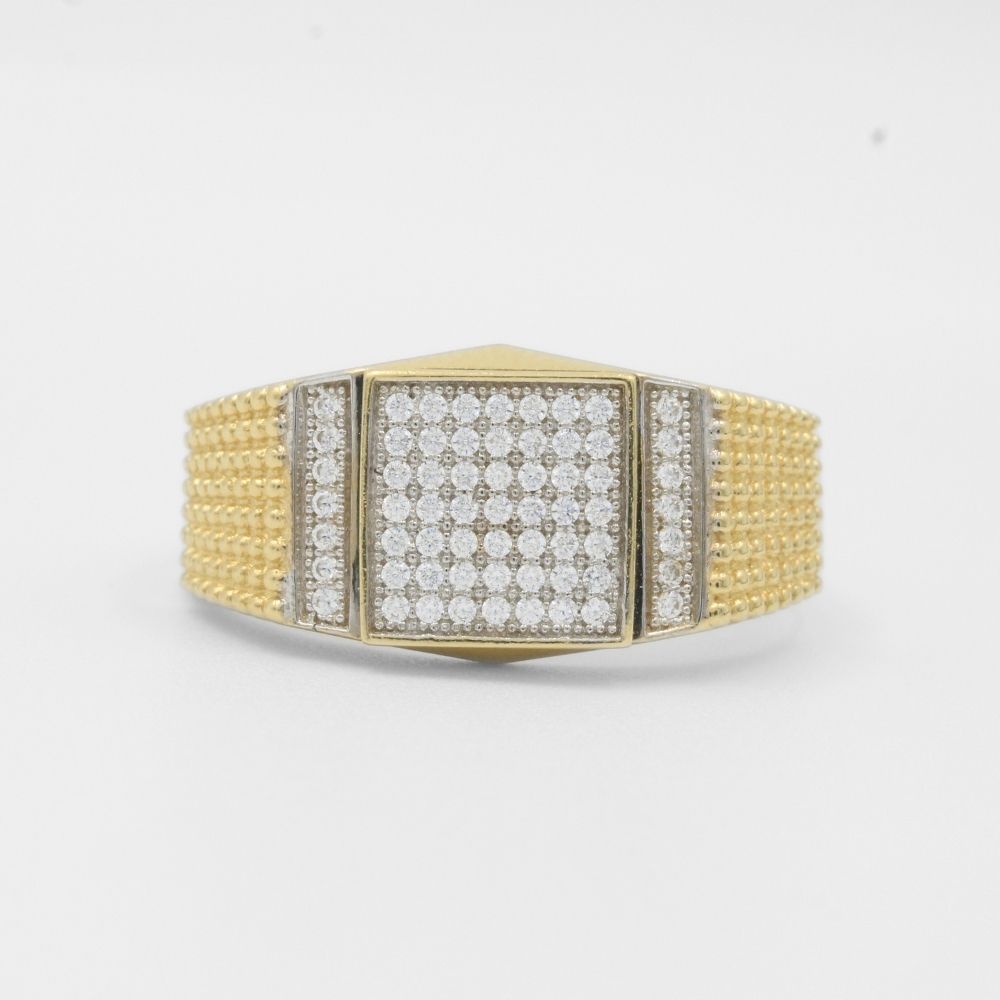 Anillo de Oro 14k con Zirconias Finas Detallado con Oro Blanco y Textura de Esferas mod. 7887