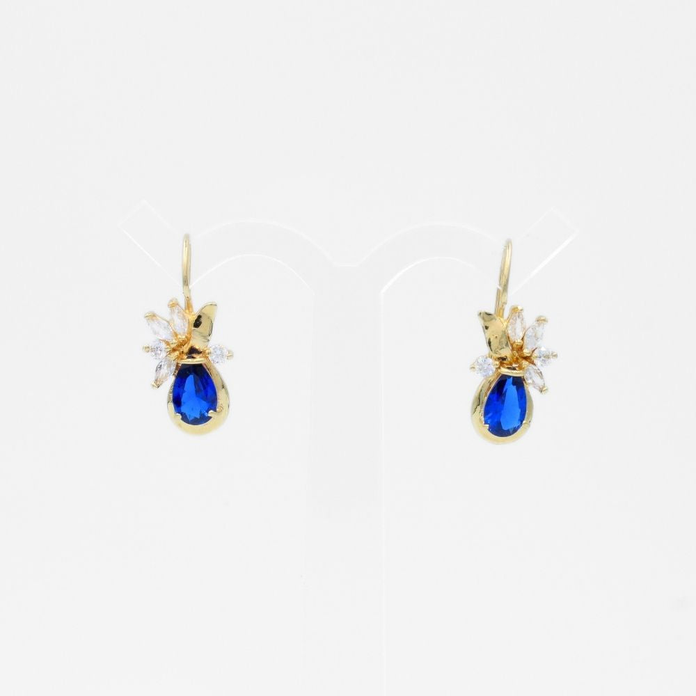 Arete con Broche Arillo de Oro 14k Flor Especial con Zirconias Principal Color Azul Rey mod. 9768