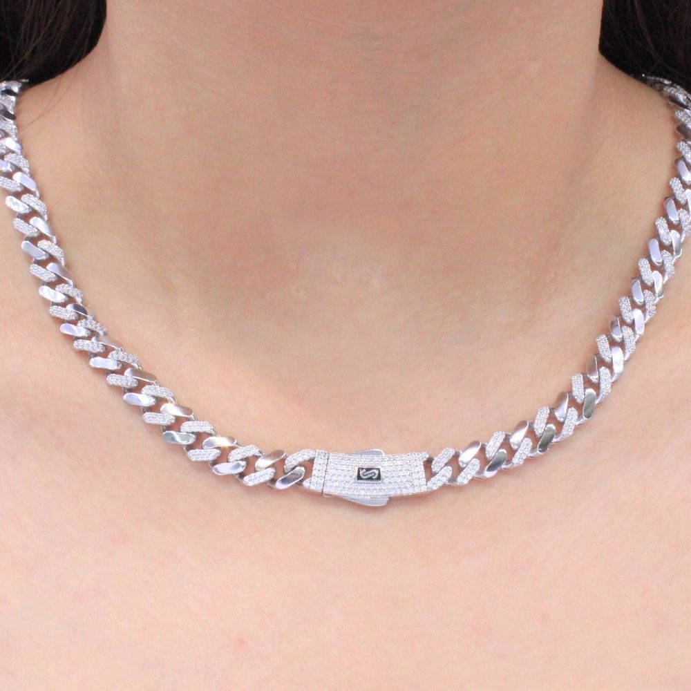 Cadena Monaco Chain 14k Modelo Classic Hueco con Broche Pavé y Diseño Alt Pavé mod. 9669