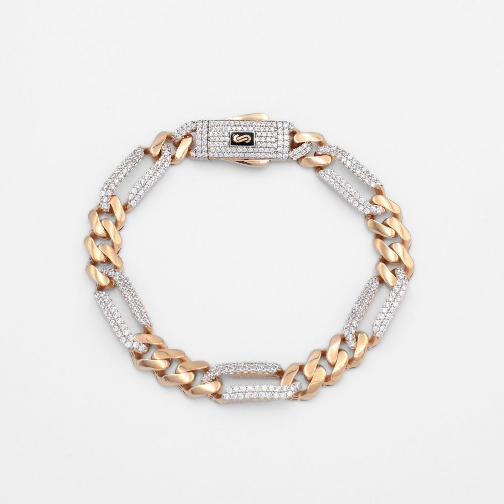 Pulsera Mónaco Chain 14k Modelo Fígaro Grueso de Broche Pavé con Incrustación Alt. de Swarovski mod. 9655