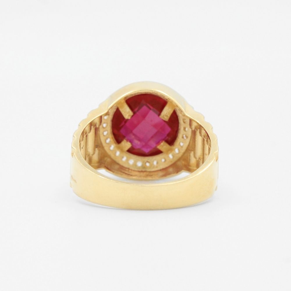 Anillo de Oro 14k con Zirconia Color Rojo Rubí de Corte Fino en Bisel de Zirconias y Cuerpo Especial mod. 9461