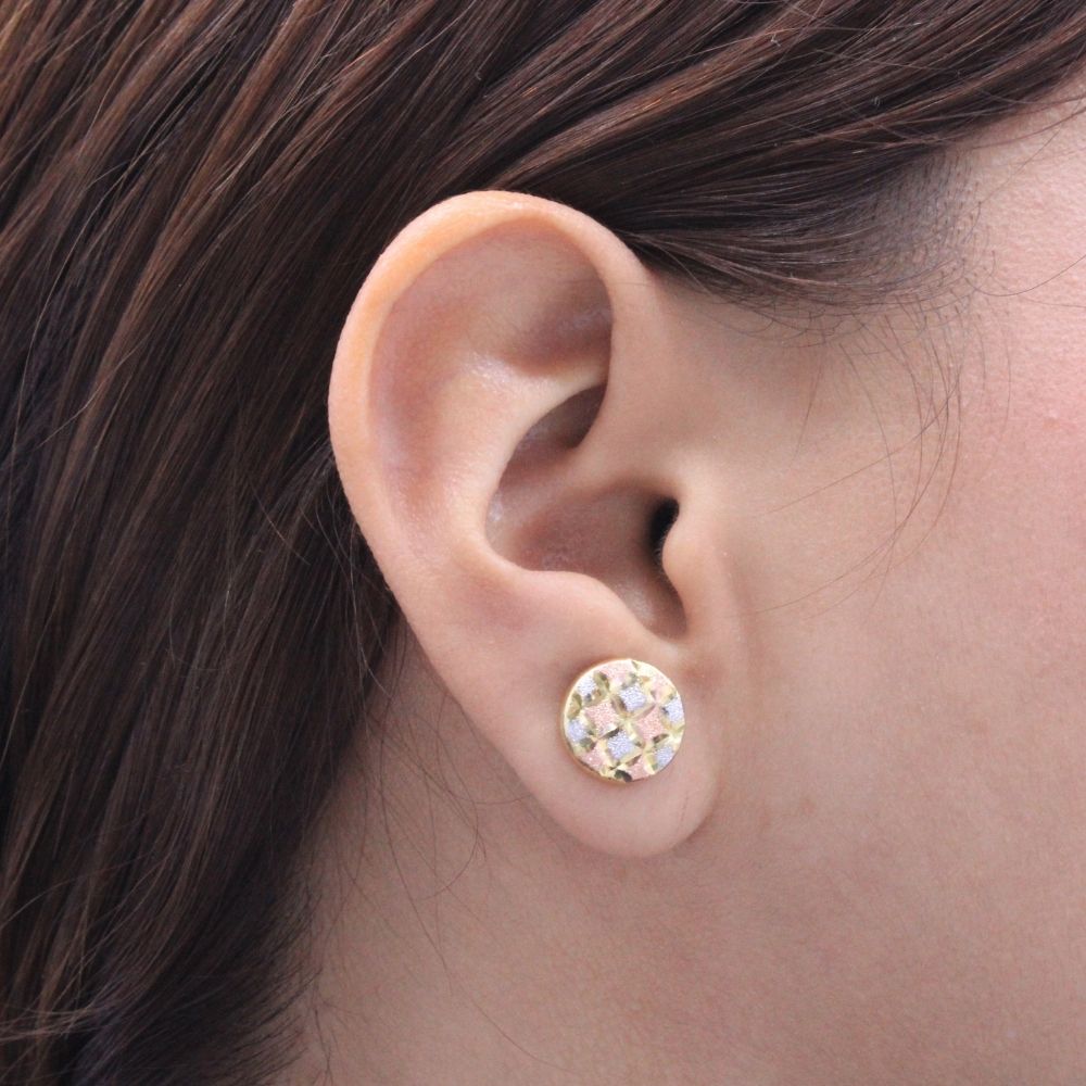 Arete de Oro 14k Circular Hueco con Diamantado y Cuadriculado Mate mod. 8615