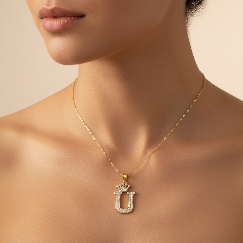Dije de Oro 14k con Diseño de Inicial U Incrustada con Zirconias mod. 10097