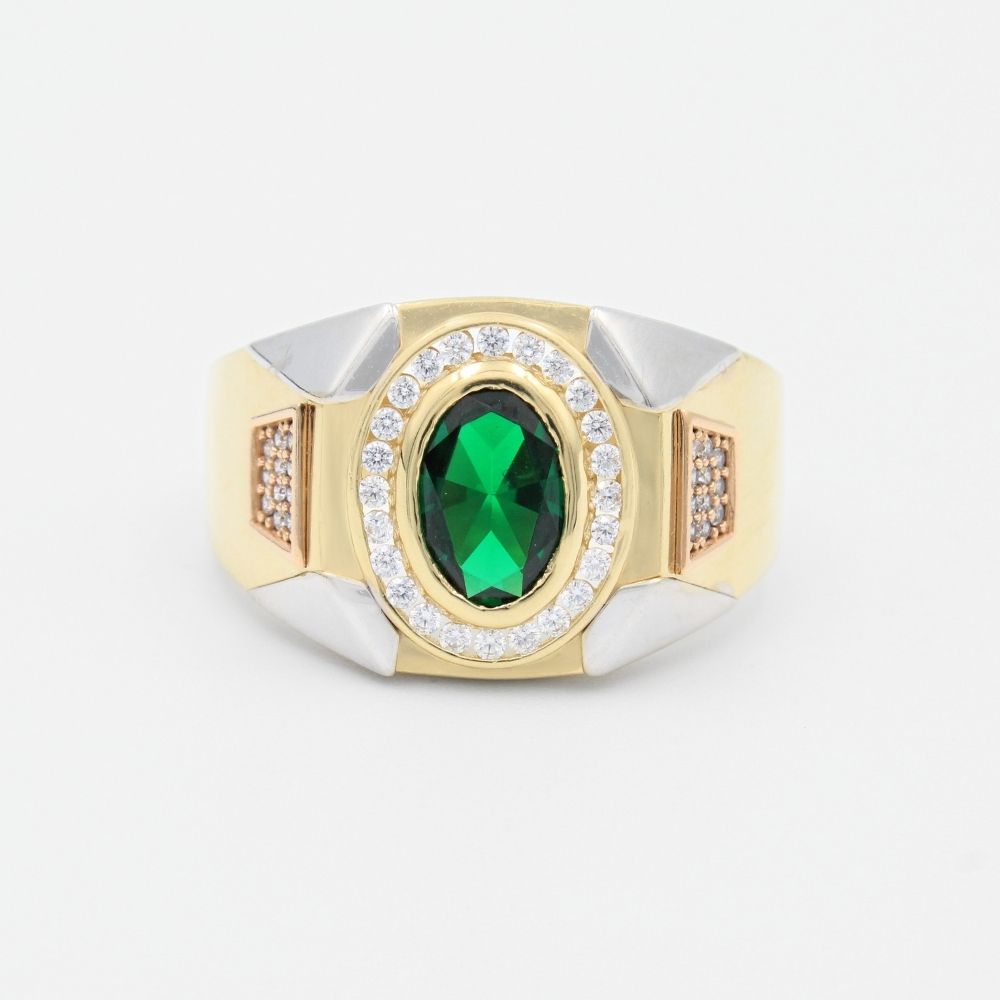 Anillo de Oro 14k con Zirconia Color Verde Esmeralda en Bisel de Zirconias Finas y Diseño Especial mod. 9462