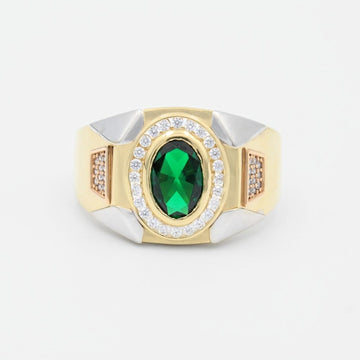 Anillo de Oro 14k con Zirconia Color Verde Esmeralda en Bisel de Zirconias Finas y Diseño Especial mod. 9462