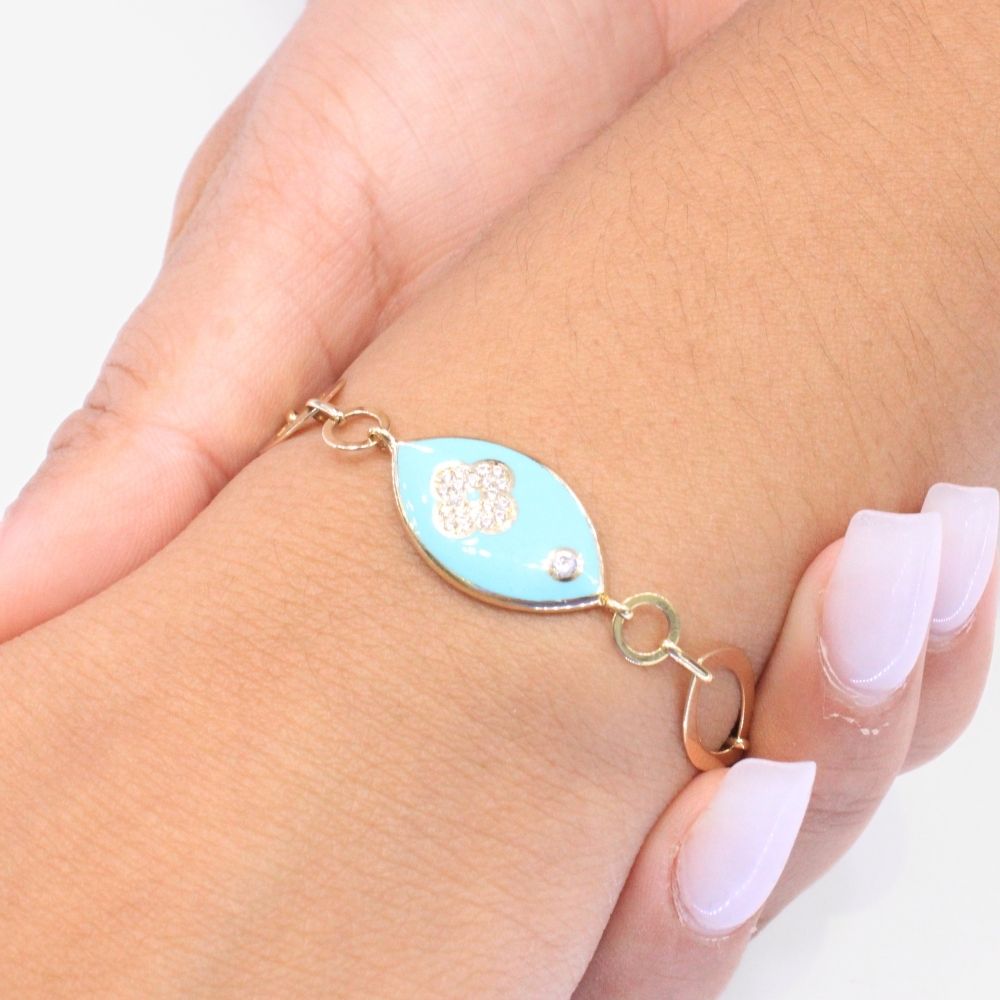 Pulsera de Oro 14k Diseño Oval Esmaltada en Azul Turquesa mod. 9018
