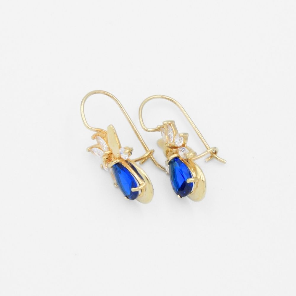 Arete con Broche Arillo de Oro 14k Flor Especial con Zirconias Principal Color Azul Rey mod. 9768
