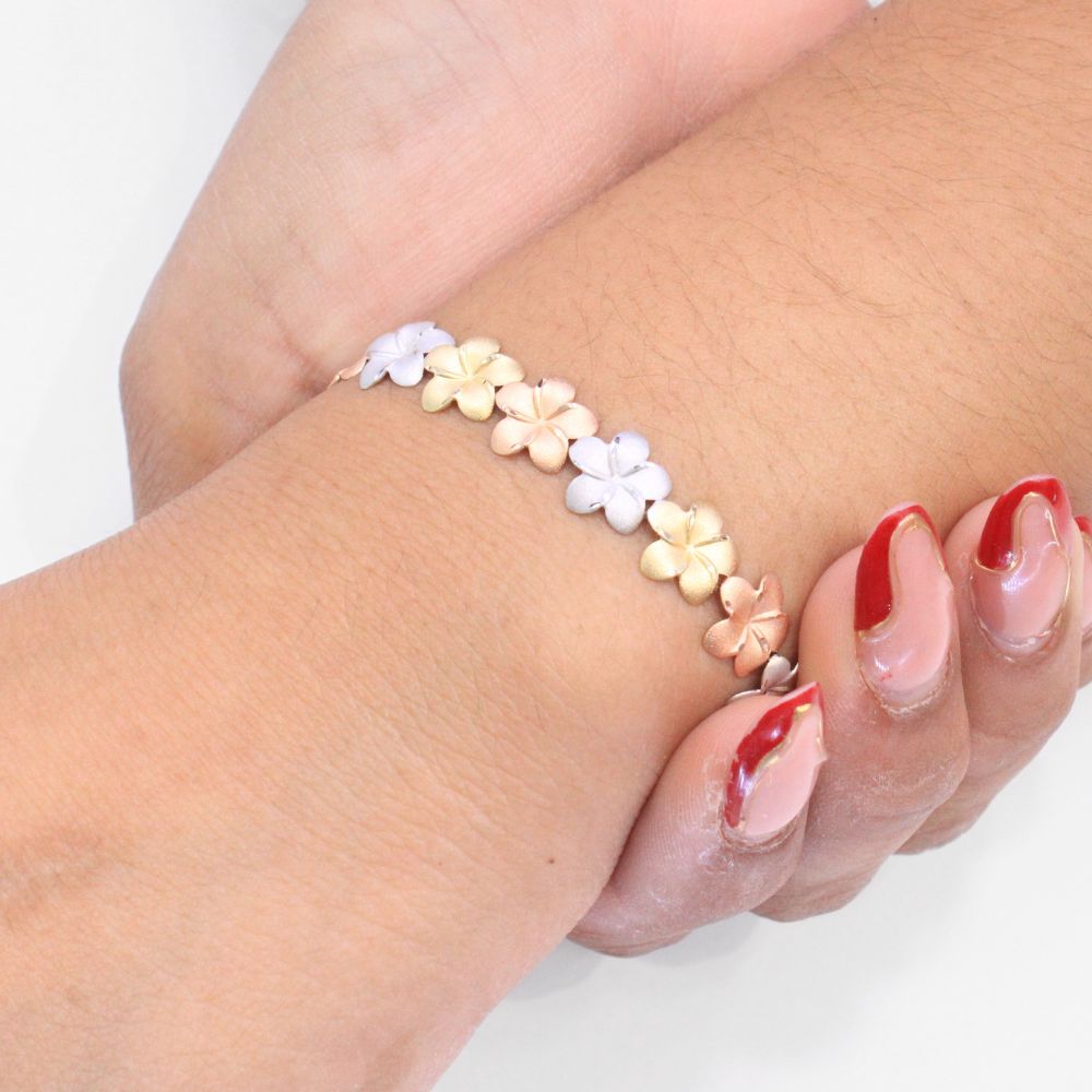 Pulsera de Oro 14k Flores del Pensamiento de Tono Mate con Diamantado Fino mod. 7952