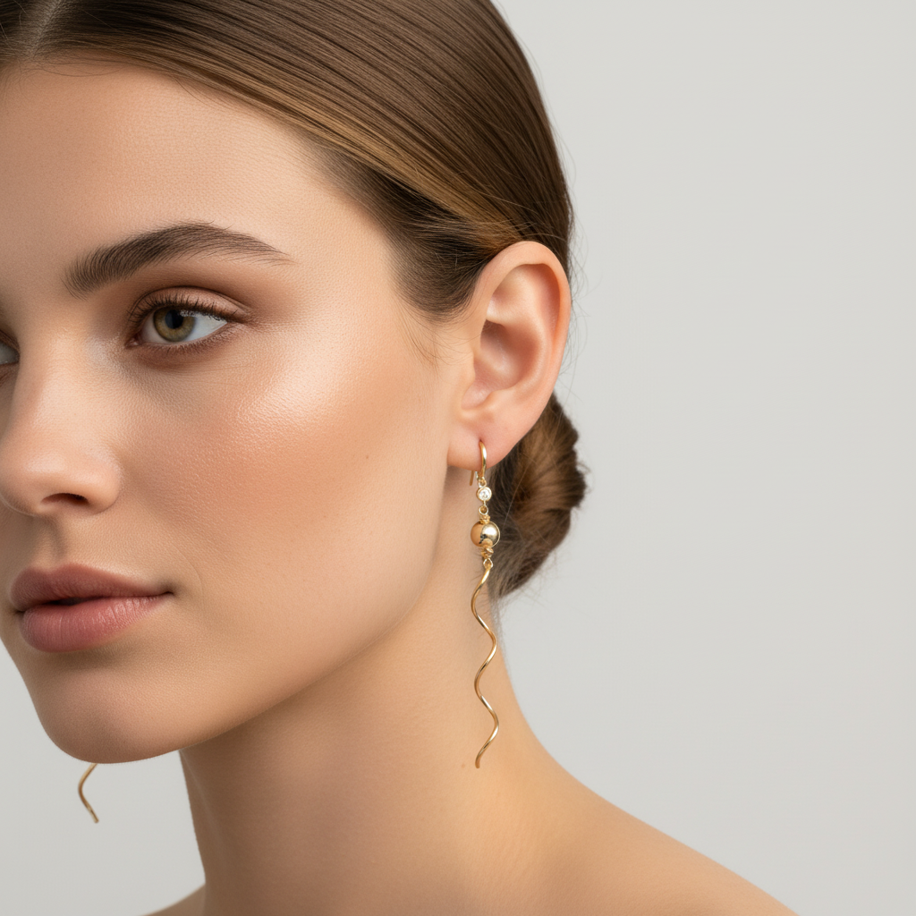 Arete Largo de Oro 14k con Esfera y Zirconia en Diseño Rizado mod. 10116