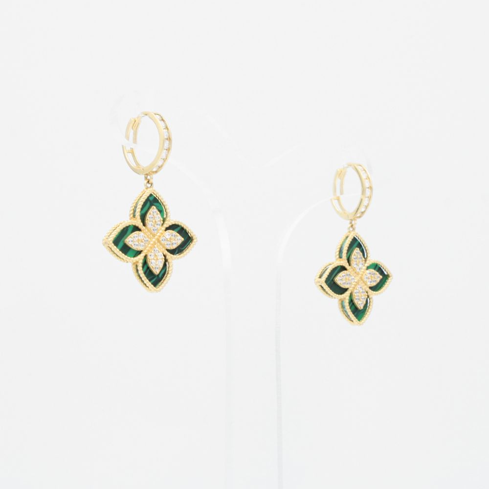 Grapa Larga de Oro 14k con Flor de Malaquita y Zirconias mod. 9059