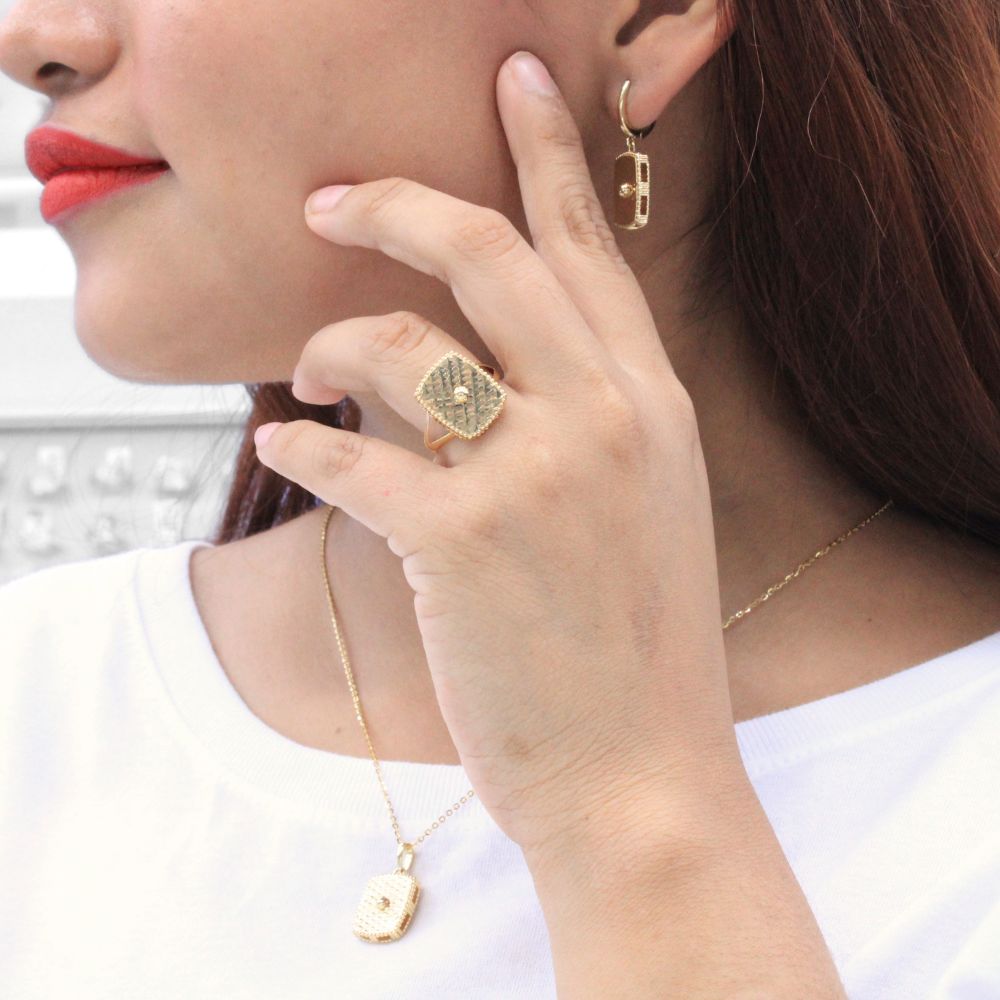 Coordinado de Oro 14k Diseño de Cuadro Diamantado Hueco mod. 8592