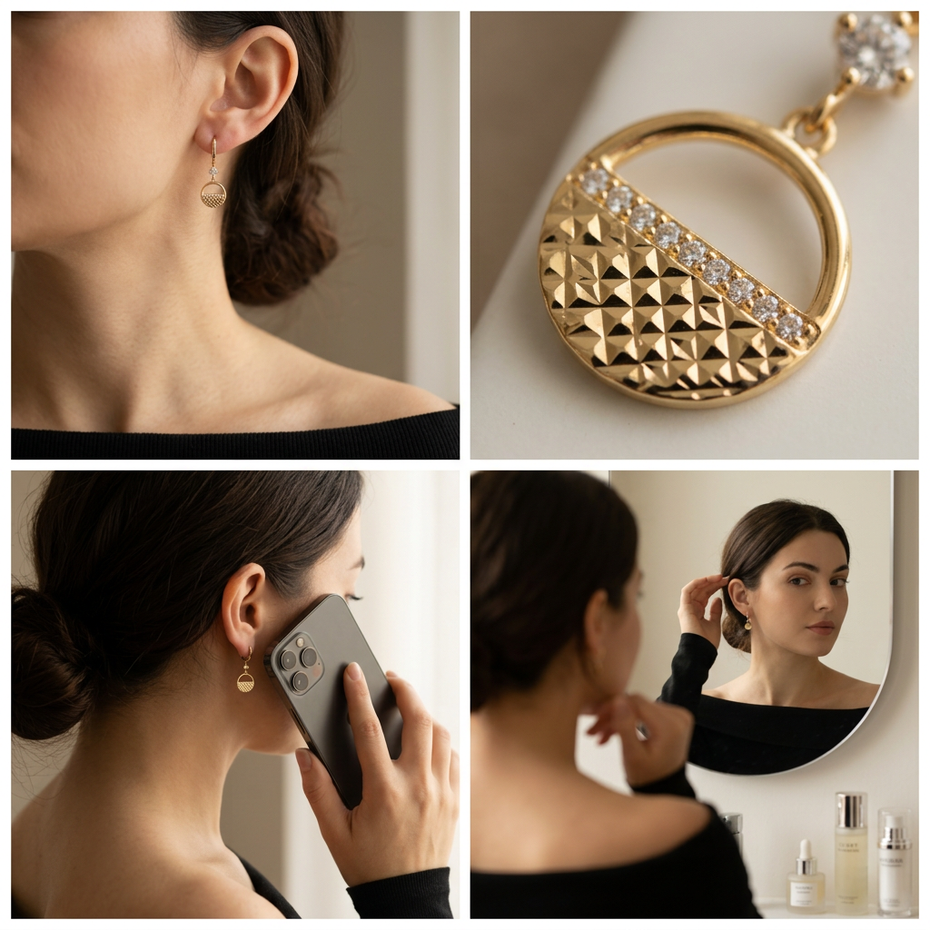 Grapa Larga de Oro 14k Semicirculo Texturizado con Zirconias mod. 11241