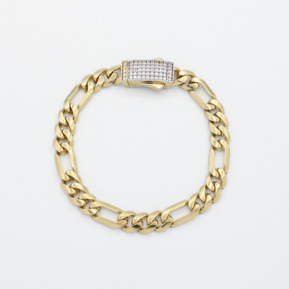 Pulsera de Oro 14k Tejido 3x1 Semi Hueco con Broche Incrustado de Zirconias mod. 9881