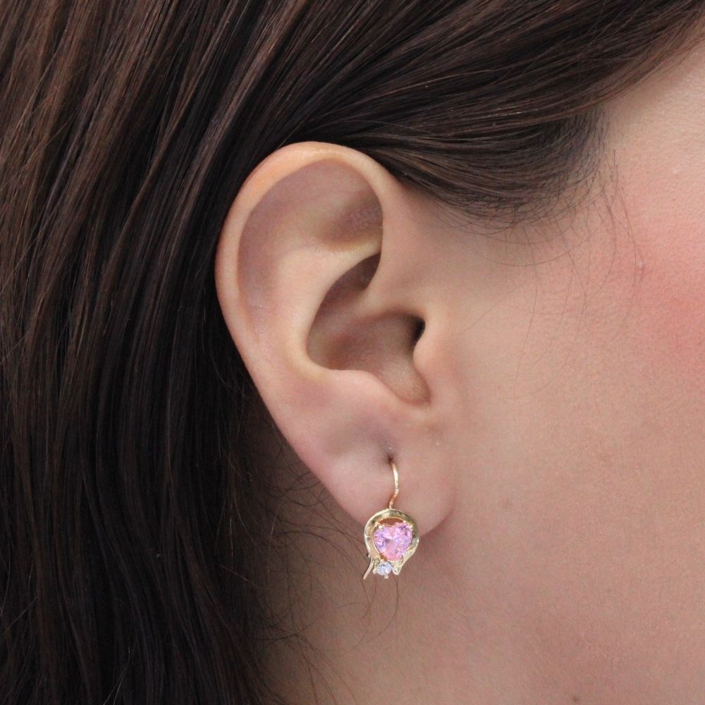 Arete con Broche Arillo de Oro 14k Diseño de Corazón con Zirconia Rosa mod. 9764