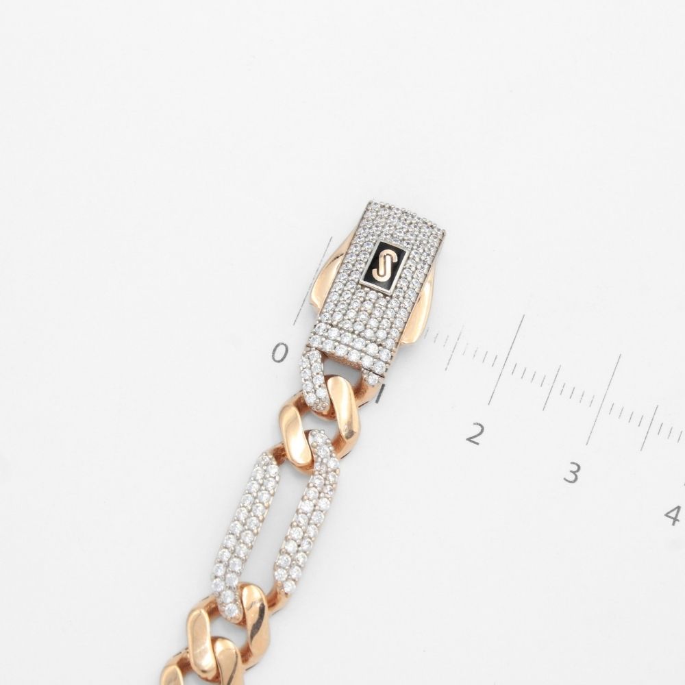 Pulsera Mónaco Chain 14k Modelo Fígaro Grueso de Broche Pavé con Incrustación Alt. de Swarovski mod. 9655