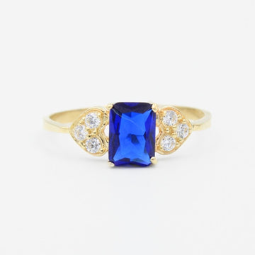 Anillo de Oro 14k con Diseño de Doble Corazón Incrustado de Zirconia Color Azul Zafiro mod. 9205