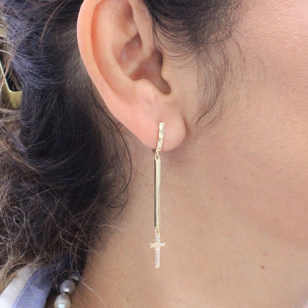 Grapa Larga de Oro 14k Barra y Cruz con Zirconias mod. 9096