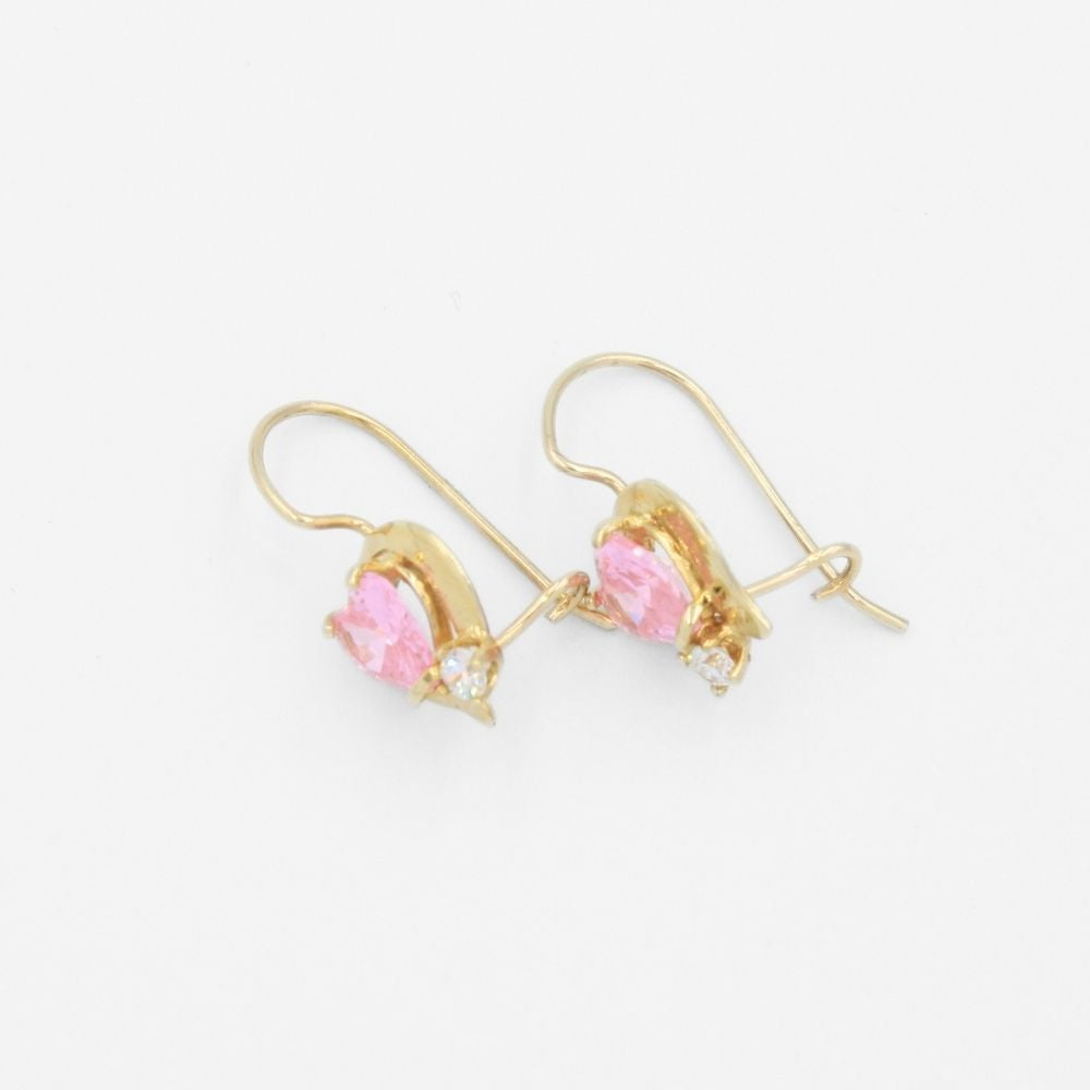 Arete con Broche Arillo de Oro 14k Diseño de Corazón con Zirconia Rosa mod. 9764
