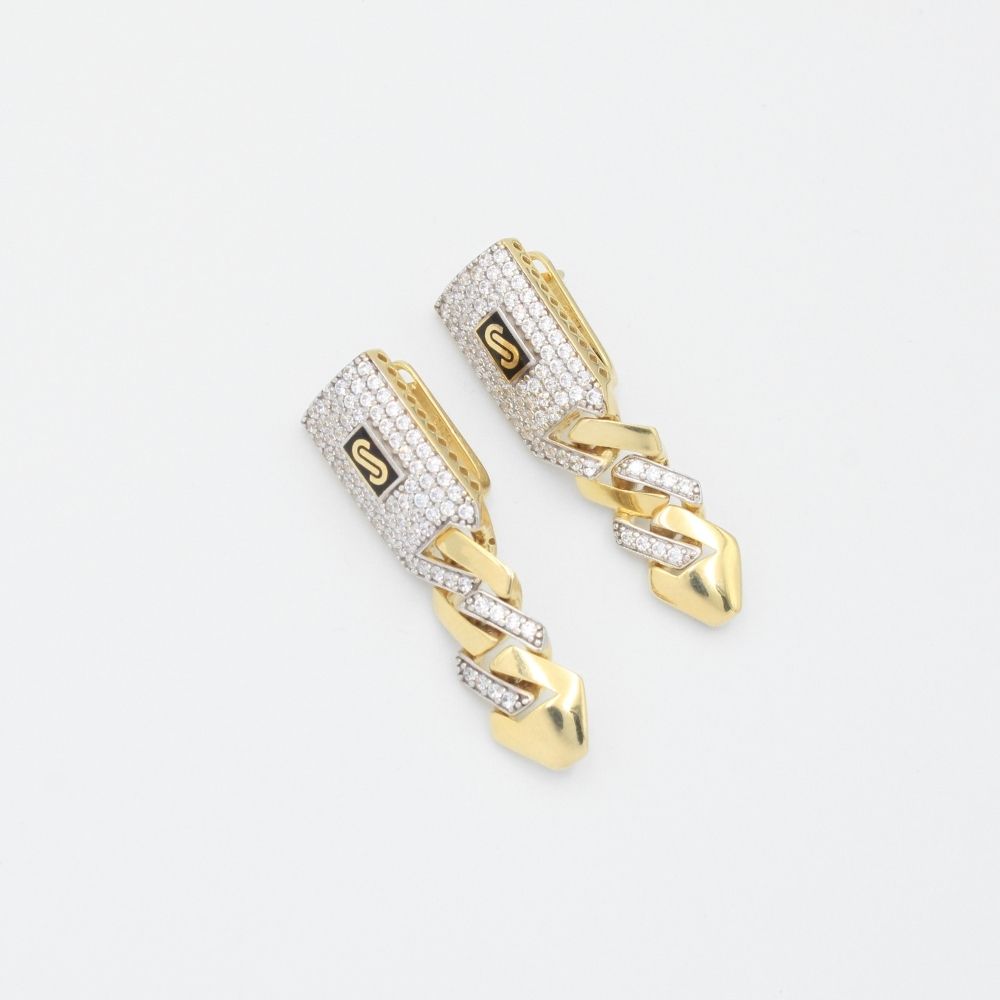 Grapa Larga de Oro 14k Modelo Monaco Chain Pendiente Patente Largo con Incrustación de Swarovski mod. 9389