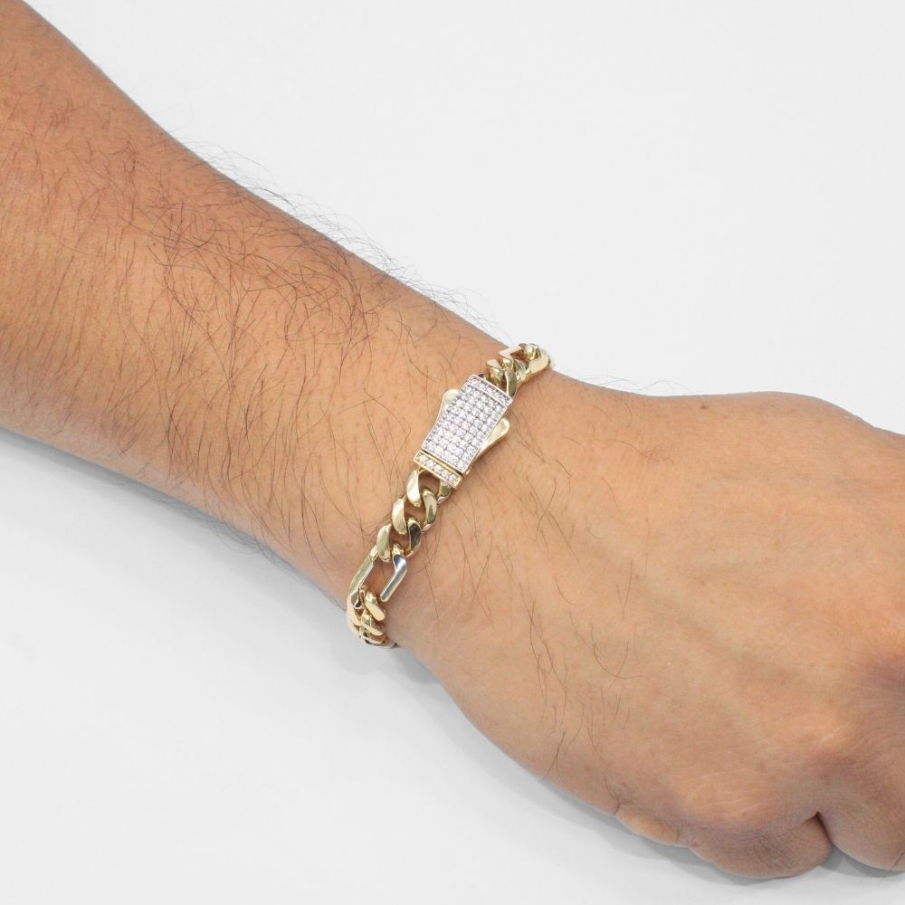 Pulsera de Oro 14k Tejido 3x1 Semi Hueco con Broche Incrustado de Zirconias mod. 9881