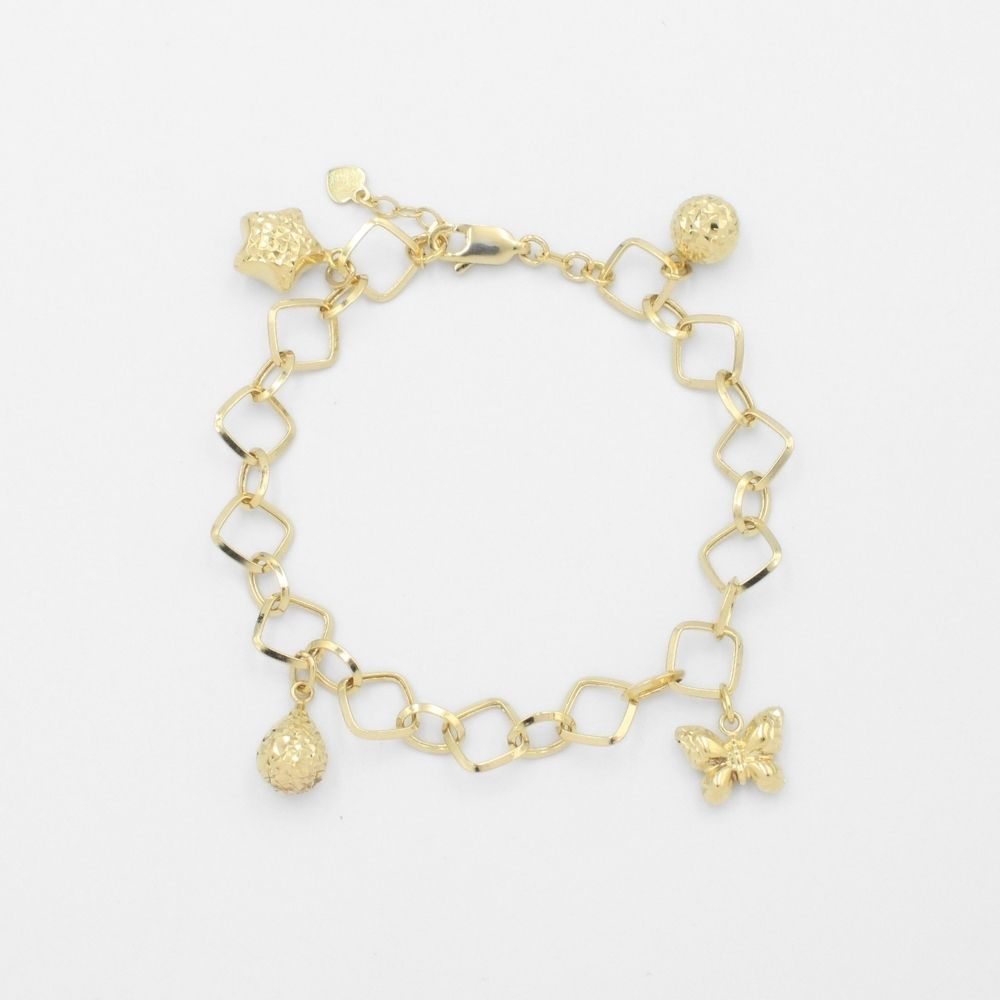 Pulsera de Oro 14k Diseño de Tejido Cuadrado Fino y Charms Diamantados mod. 9701