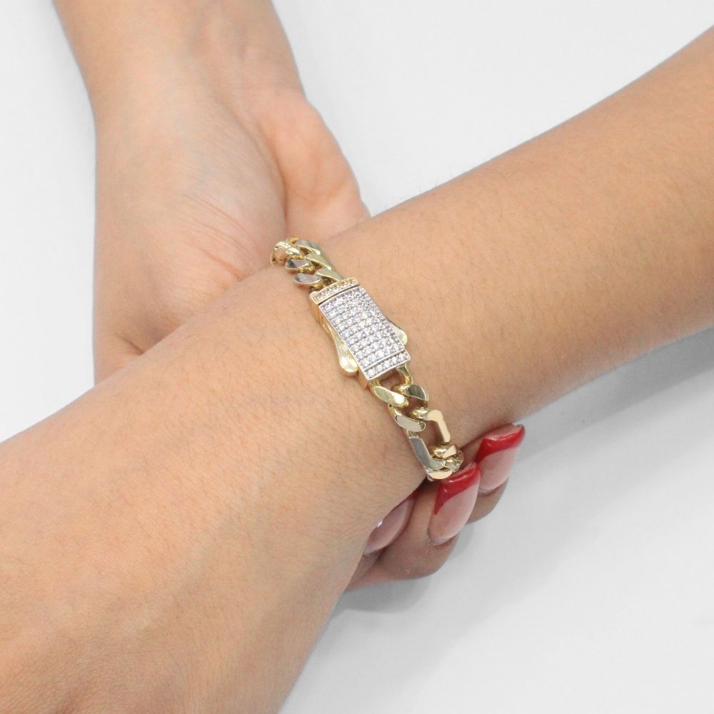 Pulsera de Oro 14k Tejido 3x1 Semi Hueco con Broche Incrustado de Zirconias mod. 9881