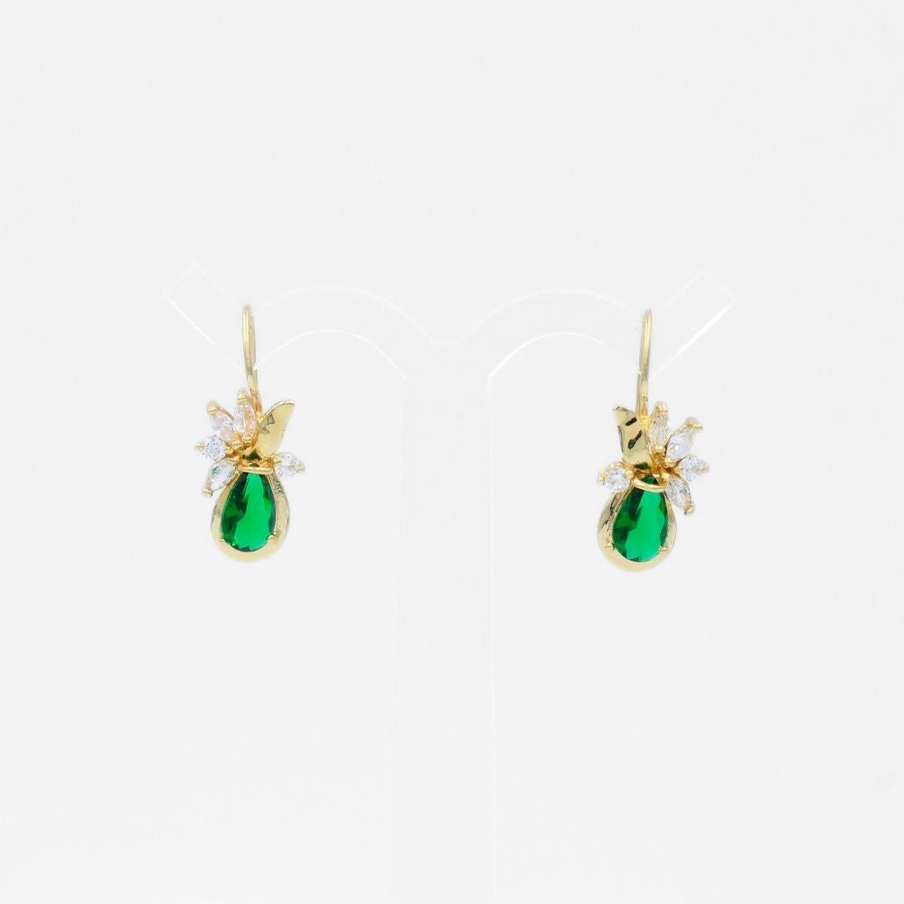 Arete con Broche Arillo de Oro 14k Flor Especial con Zirconias Principal Color Verde Esmeralda mod. 9768