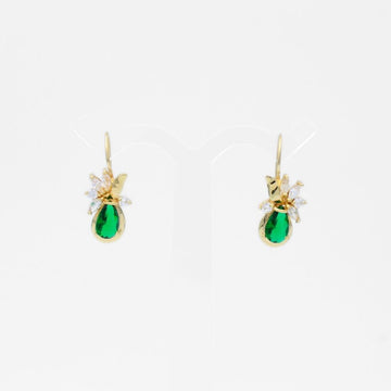 Arete con Broche Arillo de Oro 14k Flor Especial con Zirconias Principal Color Verde Esmeralda mod. 9768