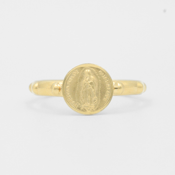Anillo de Oro 14k Modelo Confort Hueco con Textura de Esferas y Medalla de Virgen Guadalupana mod. 7975