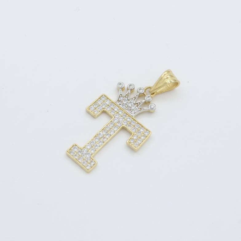 Dije de Oro 14k con Diseño de Inicial T Incrustada con Zirconias mod. 10098