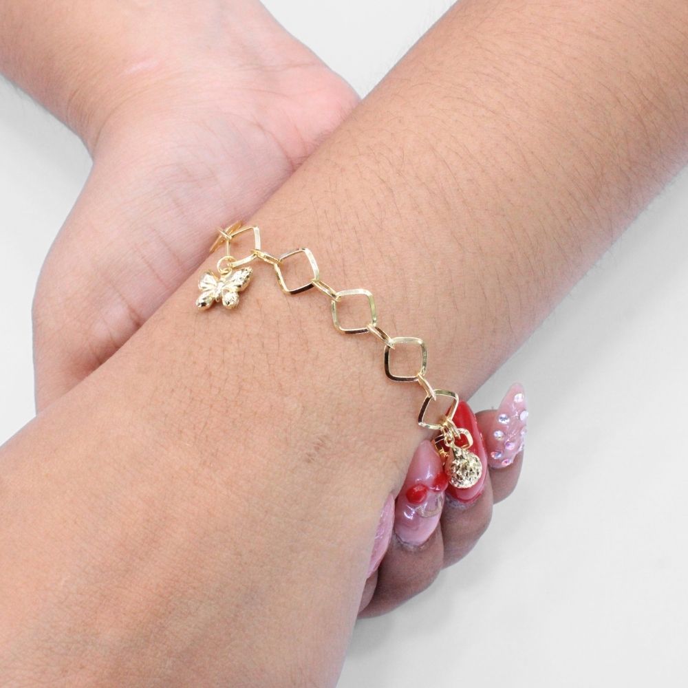Pulsera de Oro 14k Diseño de Tejido Cuadrado Fino y Charms Diamantados mod. 9701