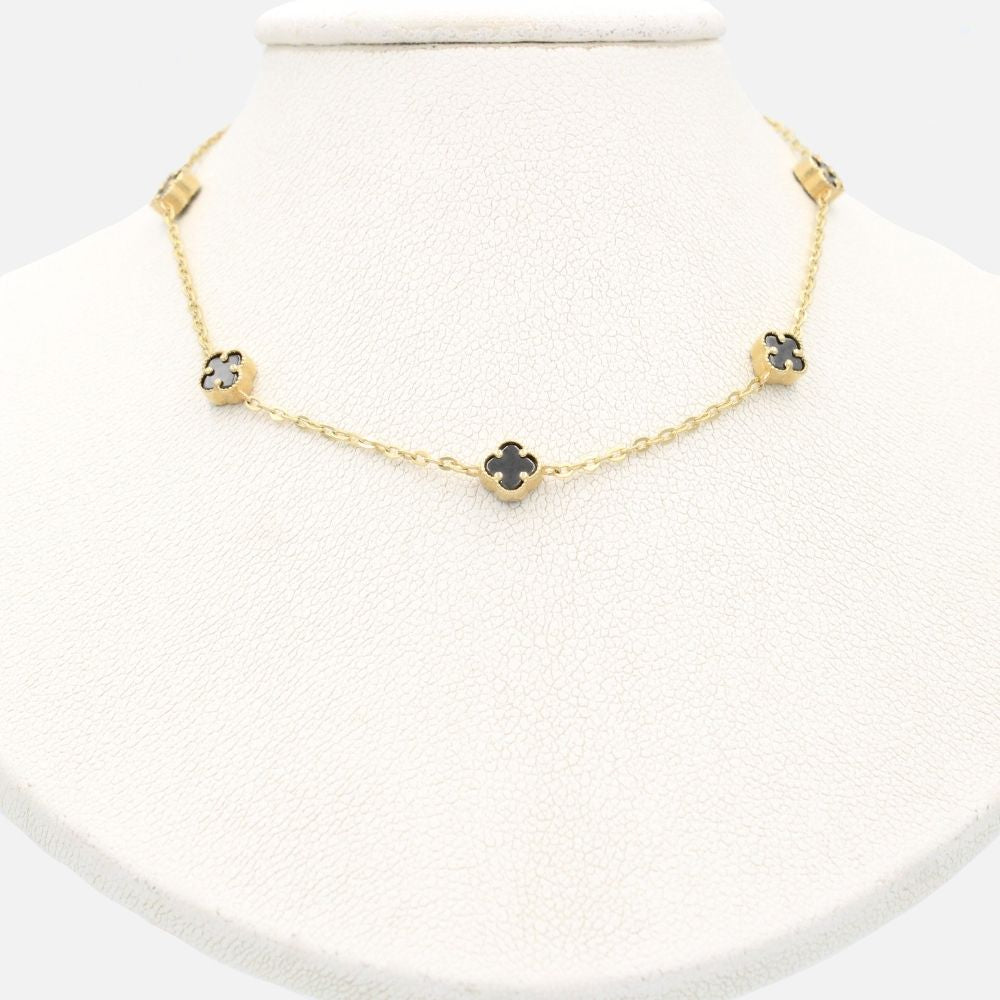 Gargantilla de Oro 14k Trébol Mini con Incrustación de Ónix mod. 9574