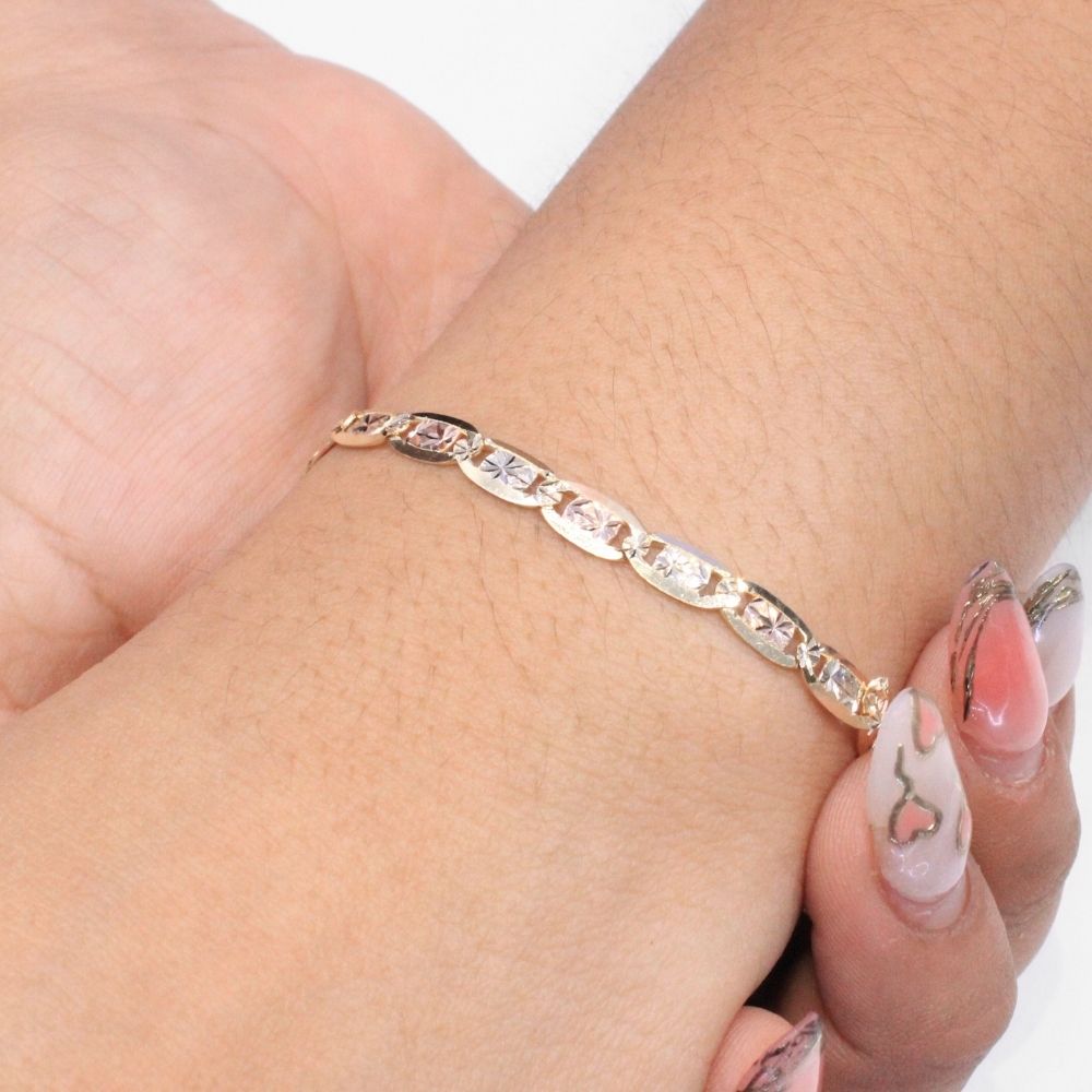 Pulsera Eslabón de Oro 14k Tejido Navaja Sólida con Diamantado mod. 8817