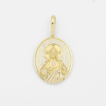 Dije de Oro 14k Medallón Oval Incrustado de Zirconias con San Judas Diamantado mod. 7917