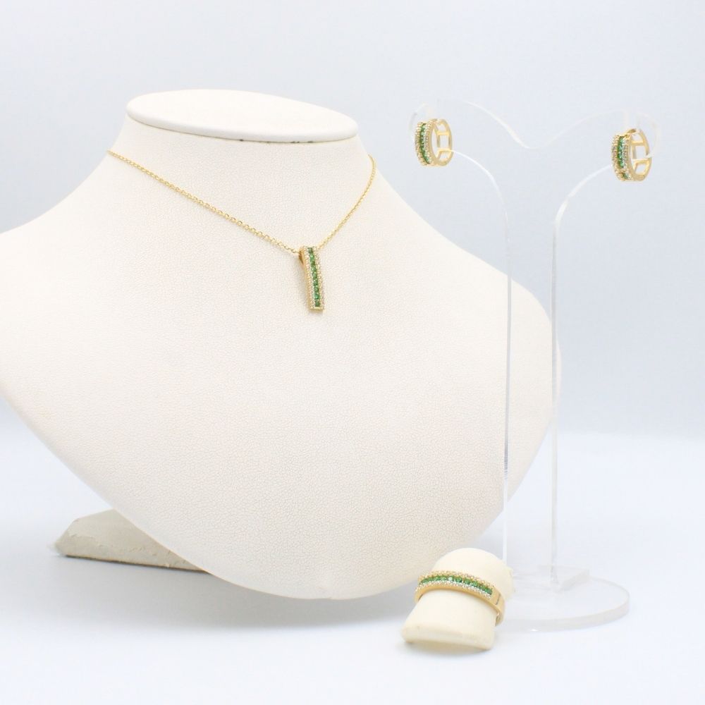 Coordinado de Oro 14k Diseño Churumbela con Zirconias Verde Esmeralda mod. 8982