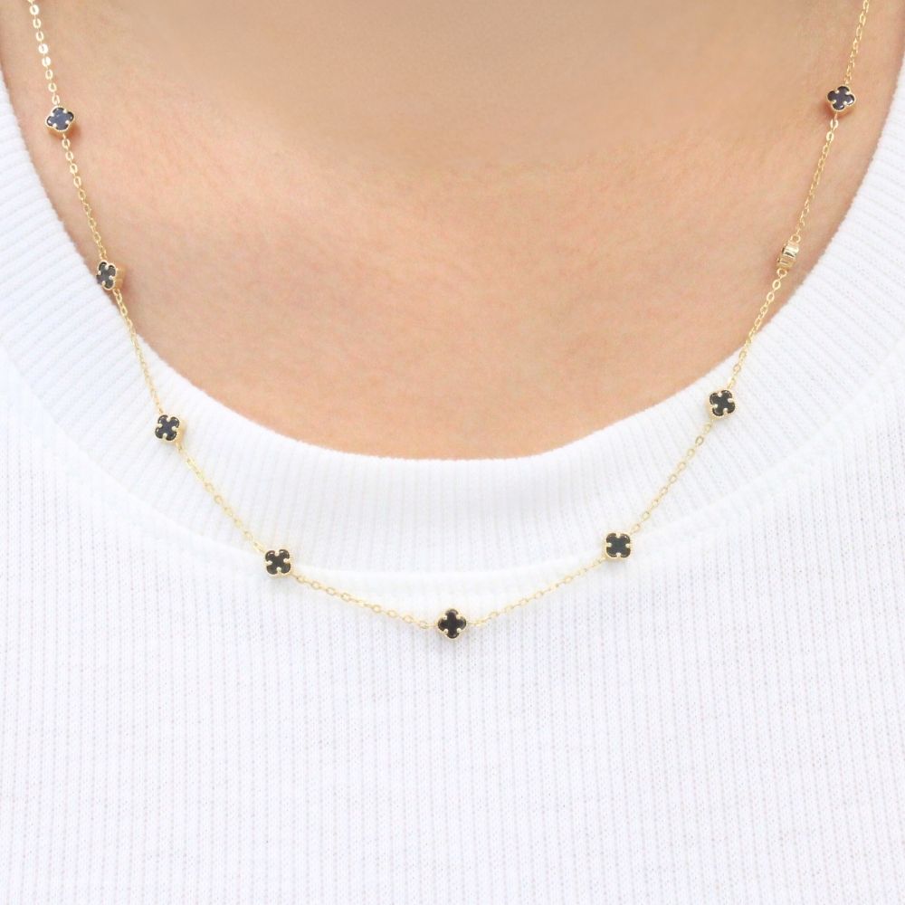 Gargantilla de Oro 14k Trébol Mini con Incrustación de Ónix mod. 9574