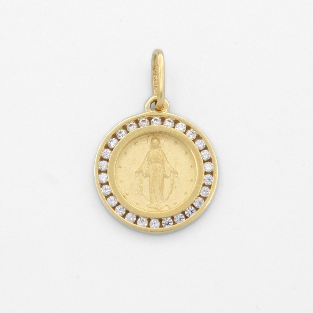 Medalla de Oro 14k de Forma Circular con Zirconias Finas e Imagen de la Virgen Milagrosa mod. 9856