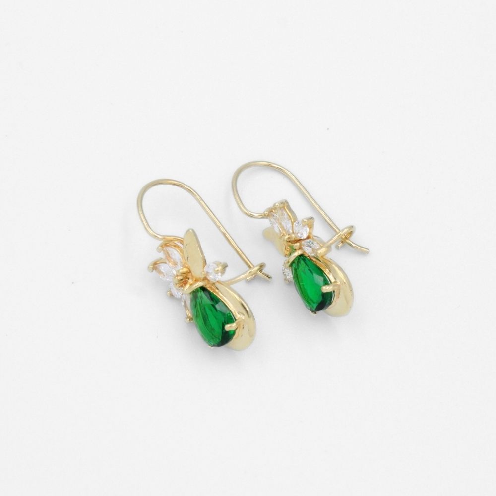 Arete con Broche Arillo de Oro 14k Flor Especial con Zirconias Principal Color Verde Esmeralda mod. 9768