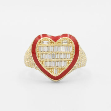 Anillo de Oro 14k Corazón Incrustado con Zirconias Baguette en Bisel de Esmalte Rojo mod. 9595
