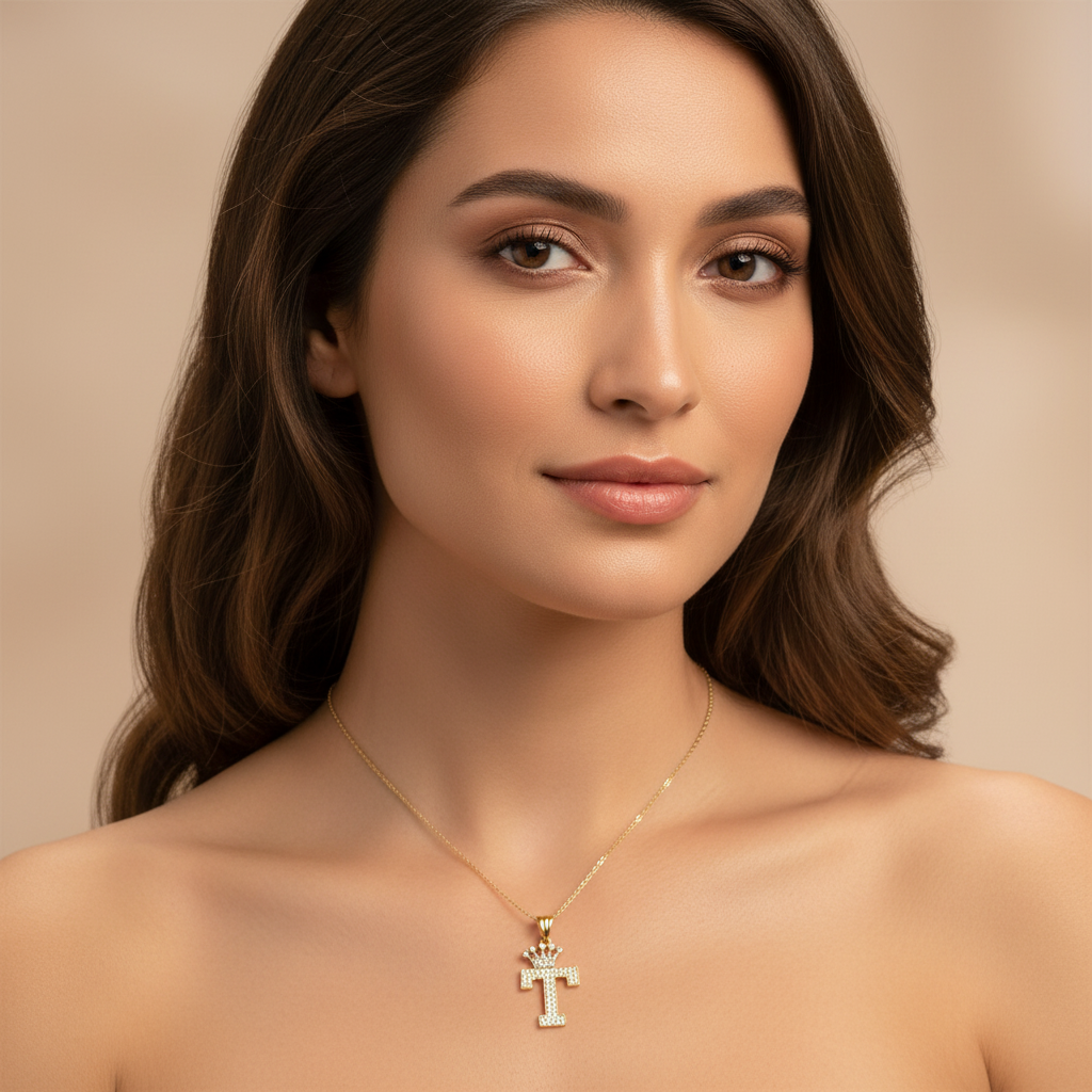 Dije de Oro 14k con Diseño de Inicial T Incrustada con Zirconias mod. 10098