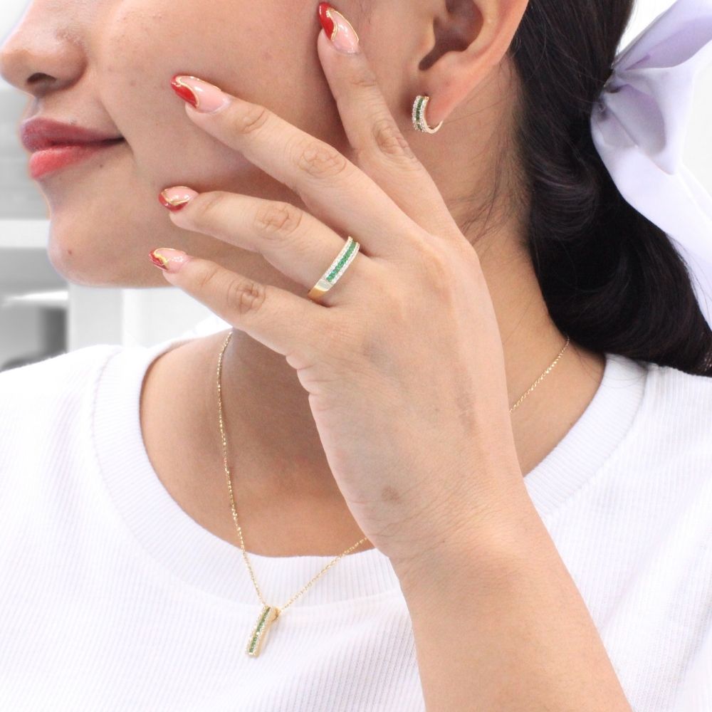 Coordinado de Oro 14k Diseño Churumbela con Zirconias Verde Esmeralda mod. 8982