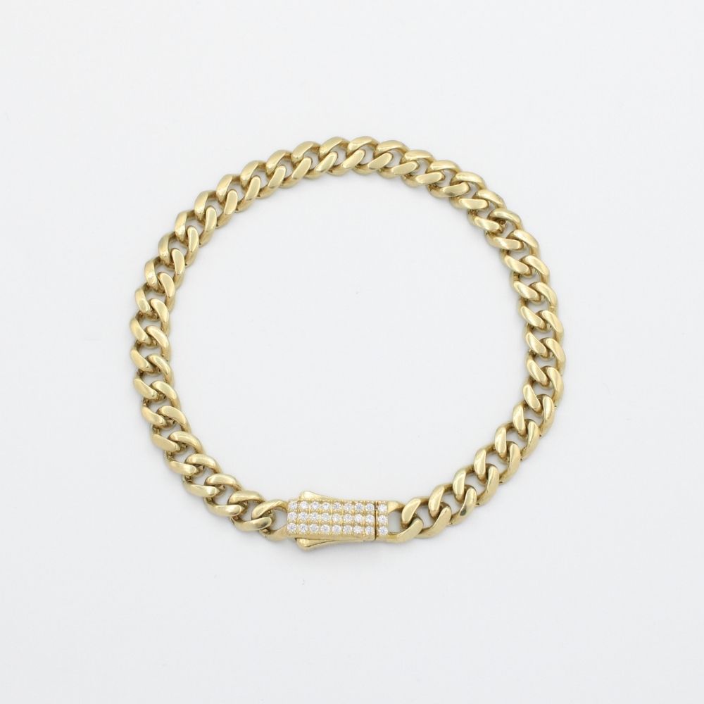Pulsera de Oro 14k Tejido Barbado Semi Hueco con Broche Incrustado de Zirconias mod. 9882