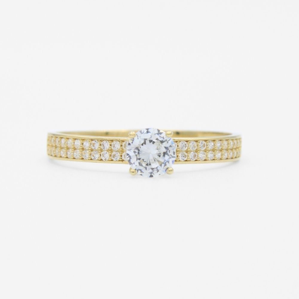 Anillo de Compromiso en Oro 14k con Doble Línea de Zirconias Finas y Zirconia Brillante mod. 9723