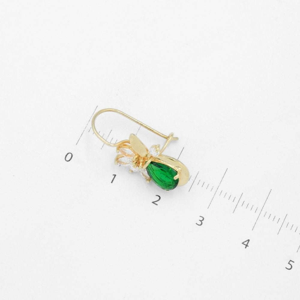 Arete con Broche Arillo de Oro 14k Flor Especial con Zirconias Principal Color Verde Esmeralda mod. 9768