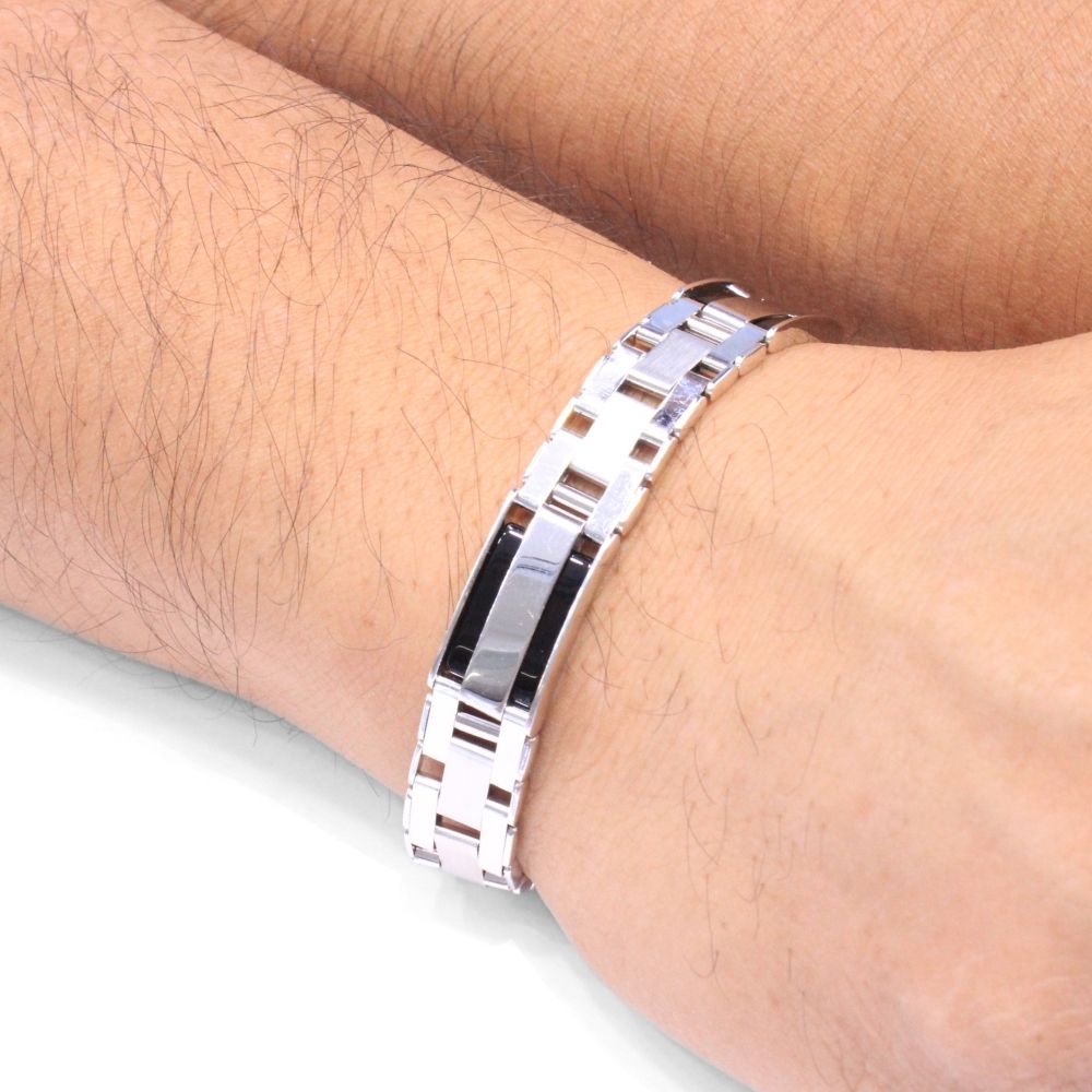 Pulsera de Oro 14k Hueca con Tejido Especial Incrustado con Onix mod. 8680
