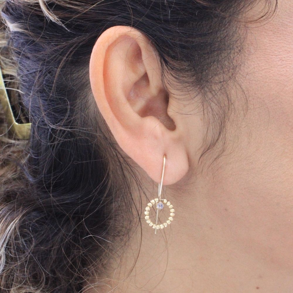 Arete Largo de Oro 14k Círculo de Esferas Diamantadas con Zirconia Fina mod. 9097