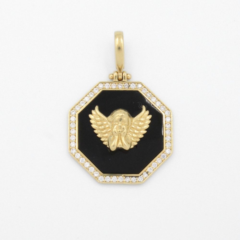 Medalla de Oro 14k de Diseño Especial Octagonal con Ángel Brillante en Piedra Ónix y Bisel de Zirconias mod. 9161
